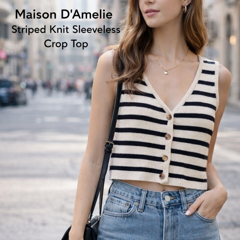 Maison D’Amelie Striped Knit Sleeveless Crop Top Black Cream Button Front Size M